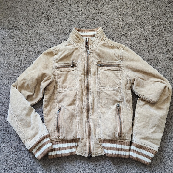 Y2K! Tan/White Striped Corduroy Bomber Jacket, Women's XS - Picture 6 of 10